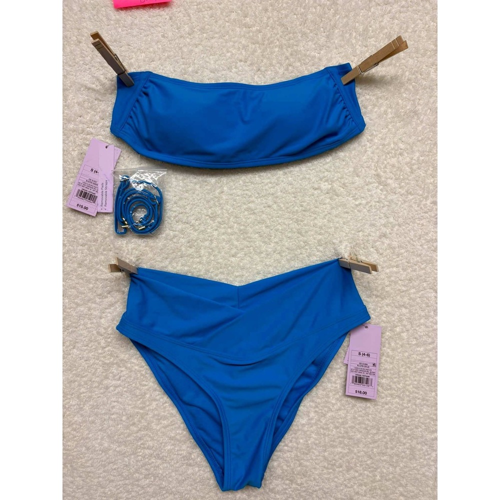 Wild Fable Blue Bandeau Bikini Set V-Front Cheeky High Leg NWT Womens Small